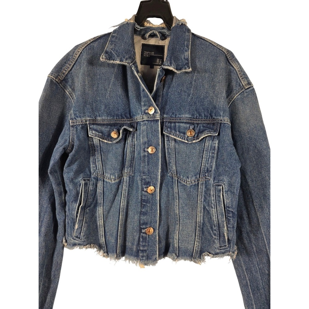 Zara Trafaluc Distressed Denim Jacket Medium Blue Raw Hem Trucker Womens Size M - Picture 2 of 8